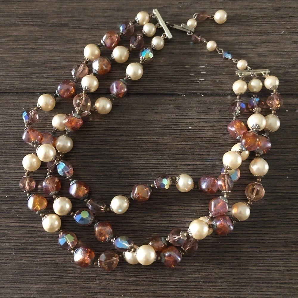 Vintage brown glass beaded layered choker necklace